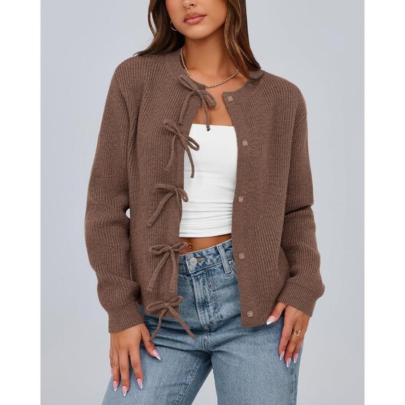 Women’s Bow Cardigan Sweater Cotton Blend Open Front Long Sleeve Small - Picture 5 of 8